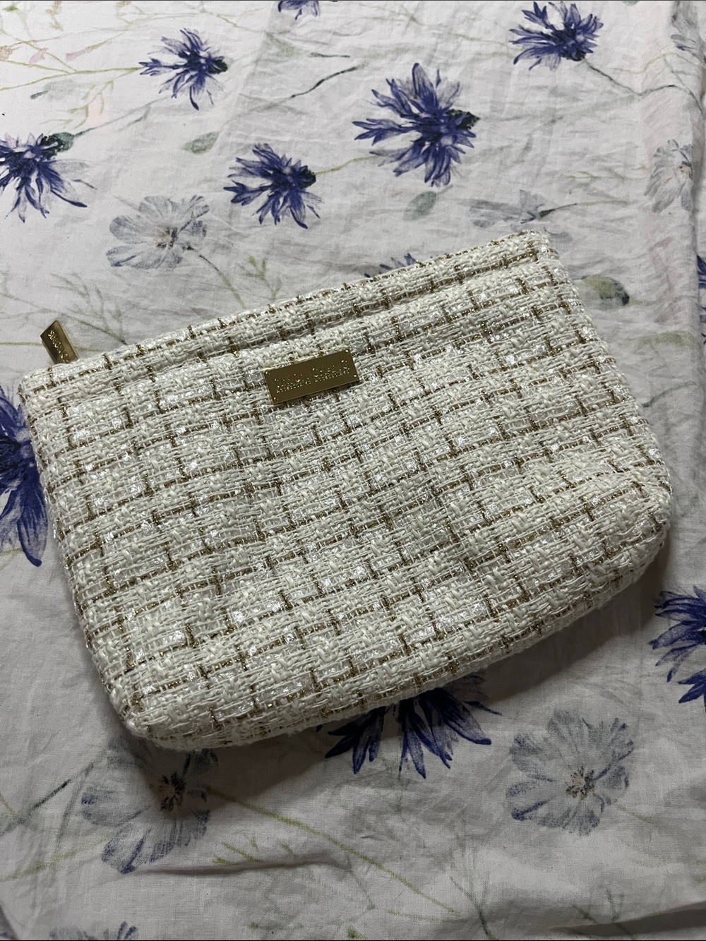 Simon Chang Cream & Gold Tweed Makeup Bag – Zip Pouch Cosmetic Bag ✨🤍